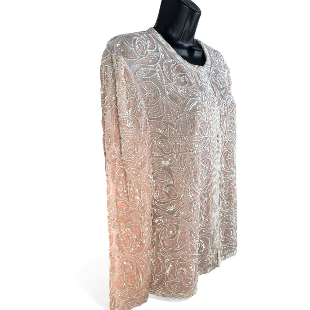 vtg‎ Lawrence Kazar Sequin/Pearl Silk Pink Nude  Womens M Cardigan - Picture 2 of 8